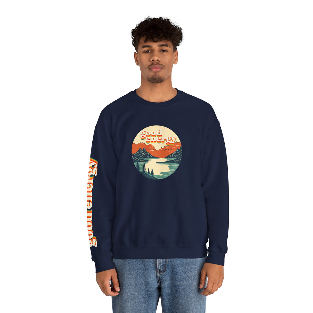 Good Energy Crewneck — Retro Mountain Sunset Graphic Sweatshirt