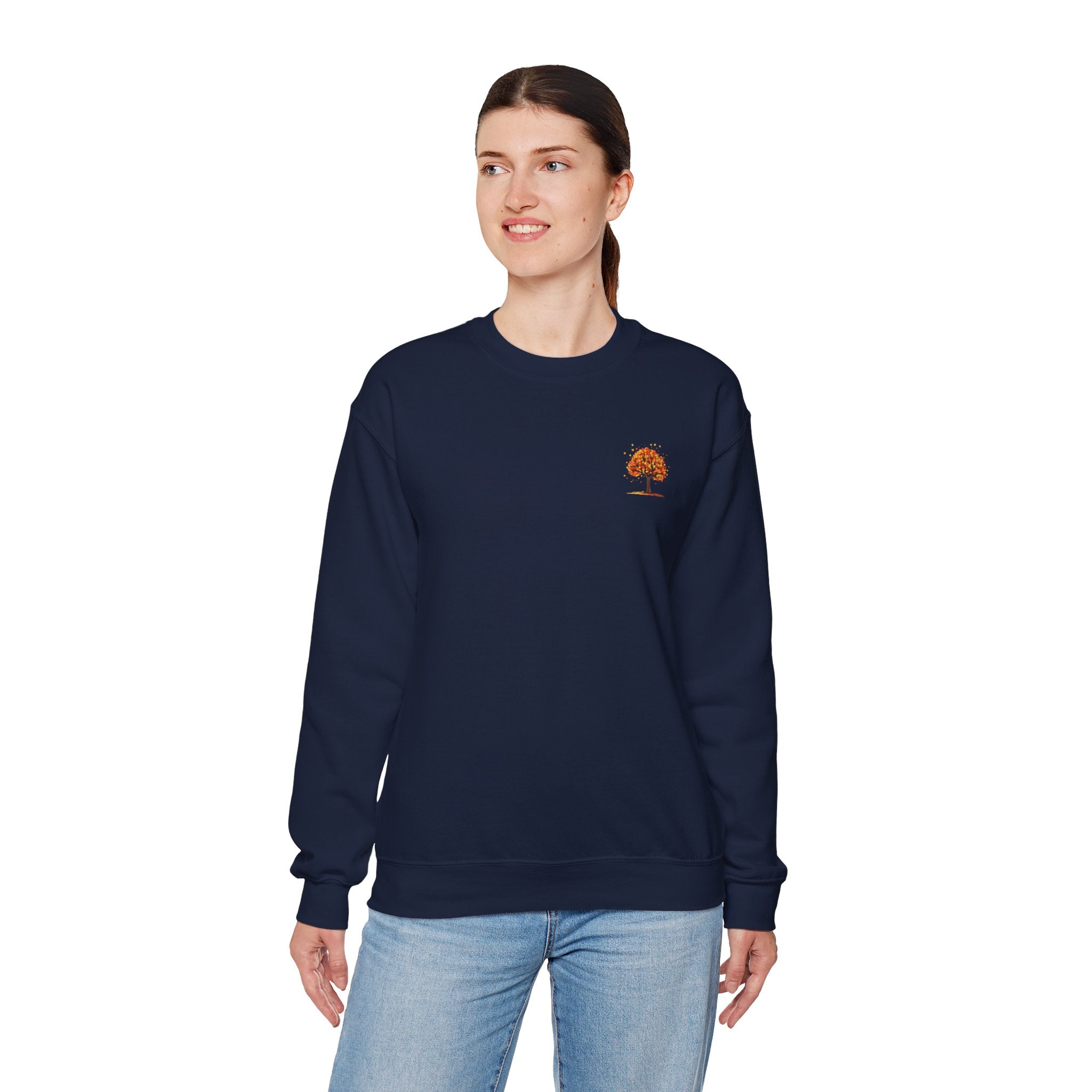 Autumn Orange Tree Crewneck — Cozy Fall Embroidered Graphic Sweatshirt