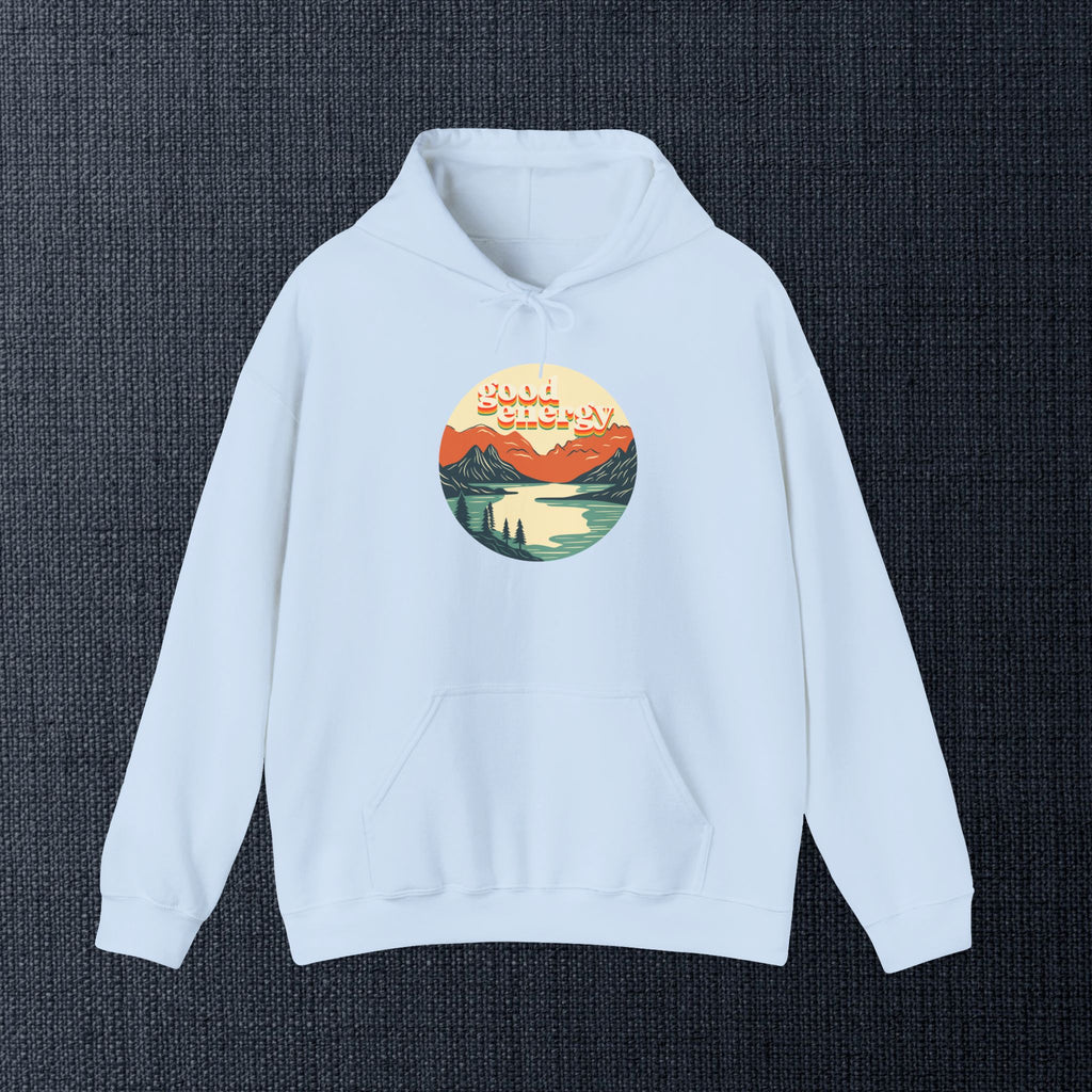 Good Energy Hoodie — Retro Mountain Sunset Graphic Hooded Sweatshirt