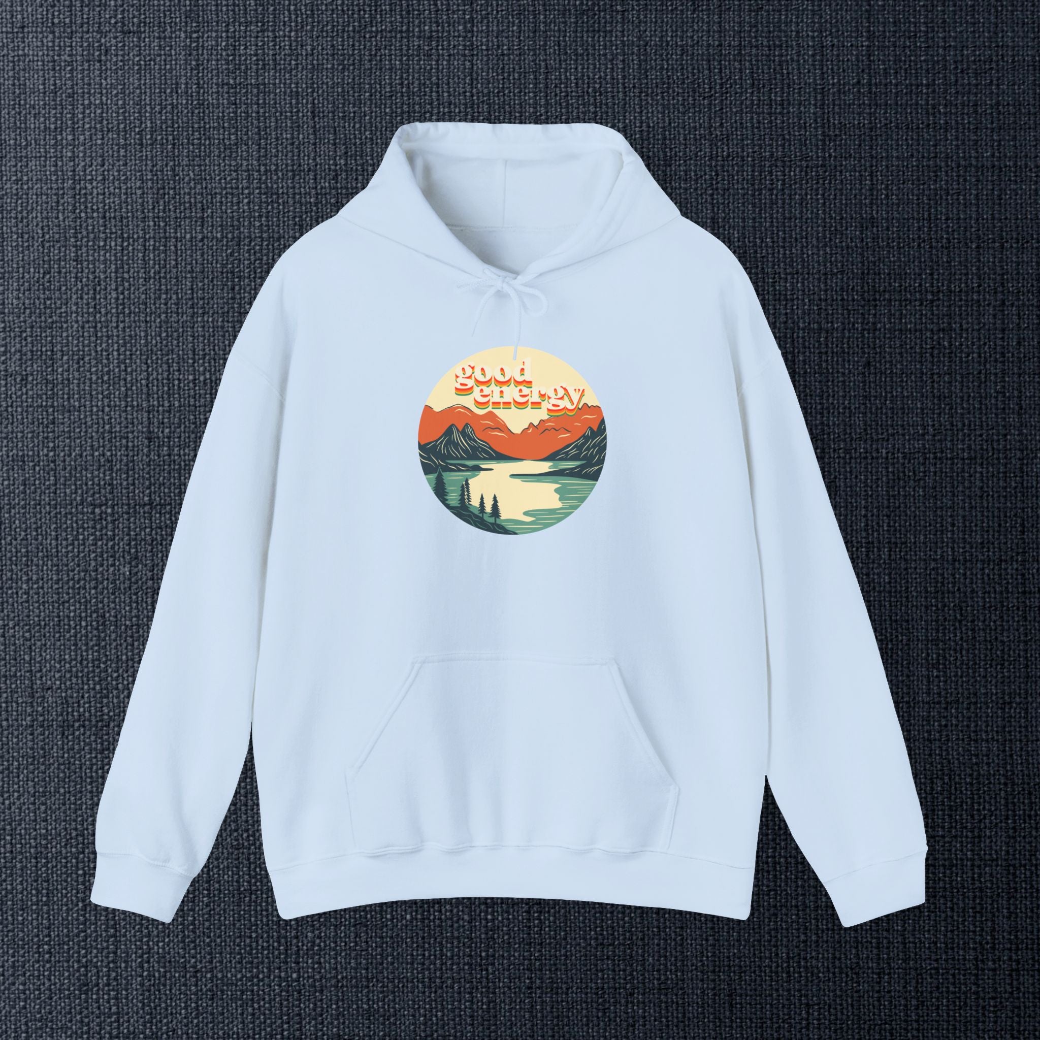 Good Energy Hoodie — Retro Mountain Sunset Graphic Hooded Sweatshirt