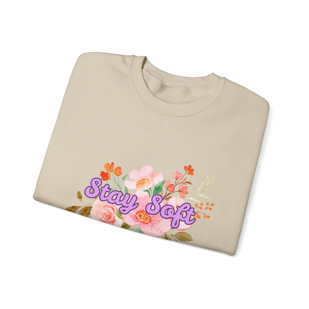 Stay Soft Floral Crewneck — Pastel Botanical Graphic Sweatshirt with Hand-Lettered Quote