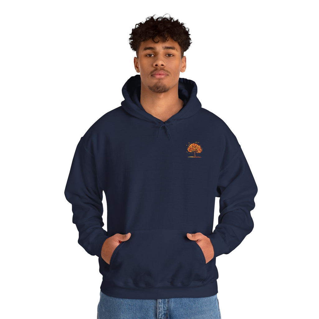 Autumn Orange Tree Hoodie — Cozy Fall Season Graphic Hooded Sweatshirt