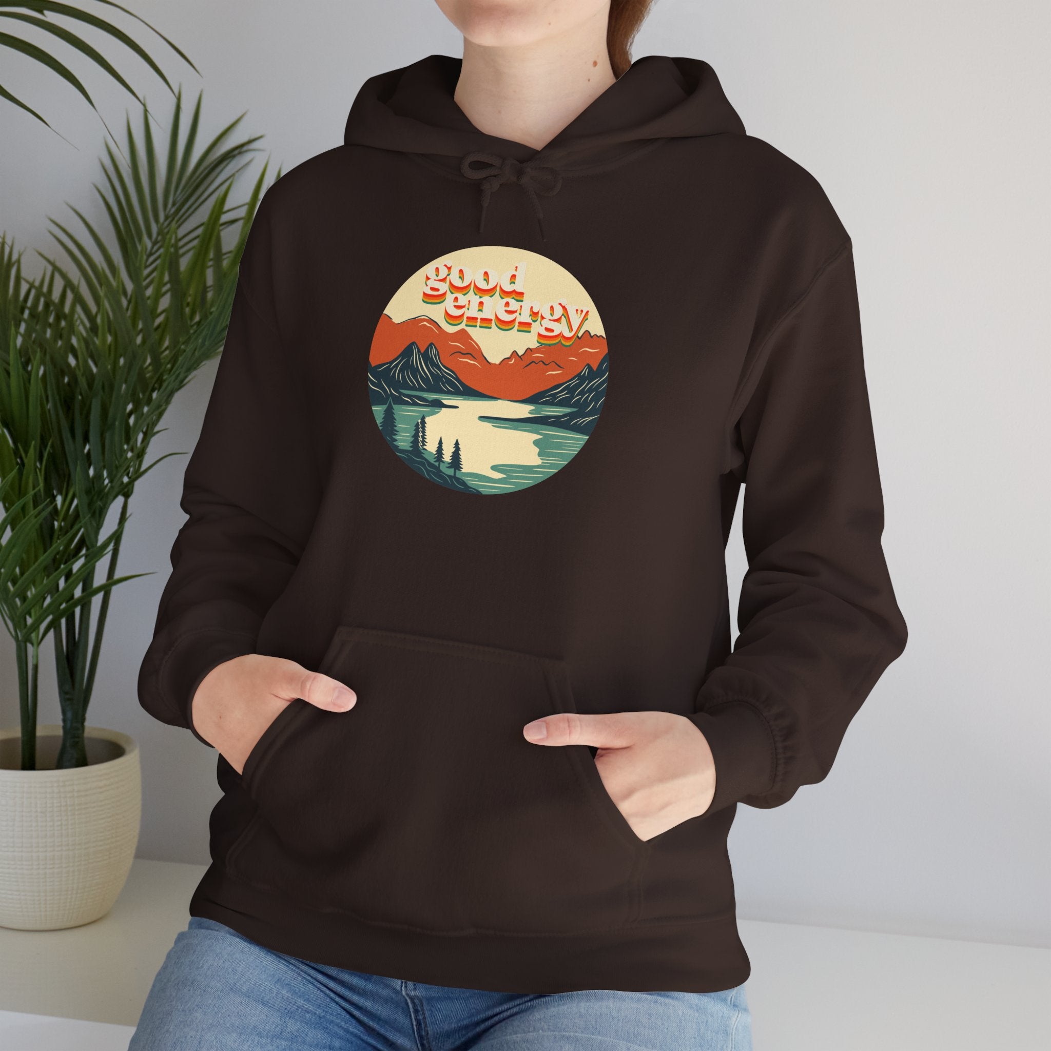 Good Energy Hoodie — Retro Mountain Sunset Graphic Hooded Sweatshirt