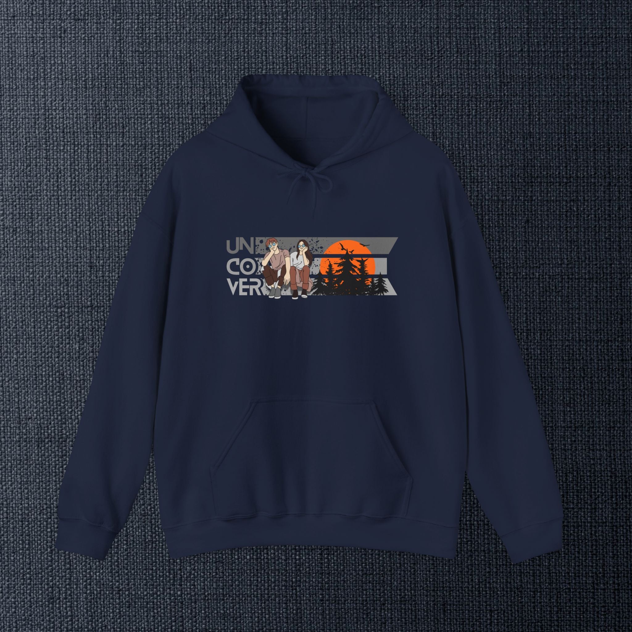 Uncover Camper Hoodie — Retro Mountain Sunset Graphic Hooded Sweatshirt