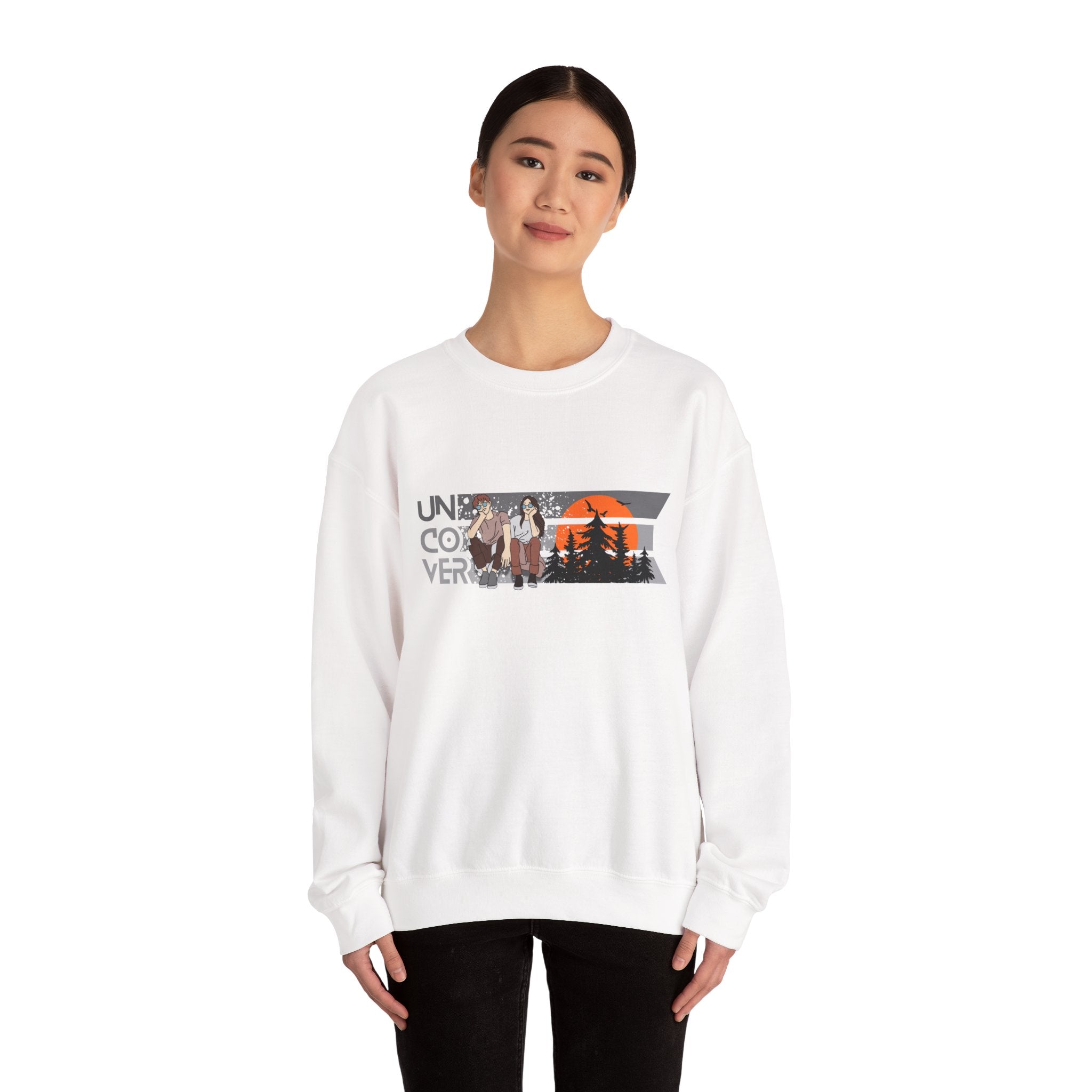 Retro Sunset Crewneck — “Uncover Conversations” Forest Silhouette Graphic Sweatshirt