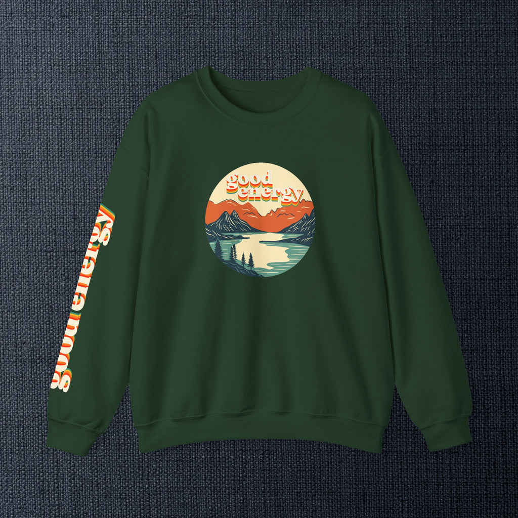 Good Energy Crewneck — Retro Mountain Sunset Graphic Sweatshirt