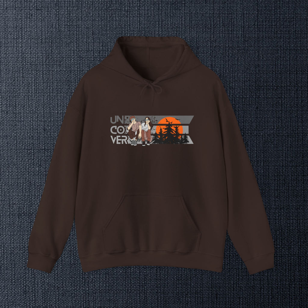 Uncover Camper Hoodie — Retro Mountain Sunset Graphic Hooded Sweatshirt