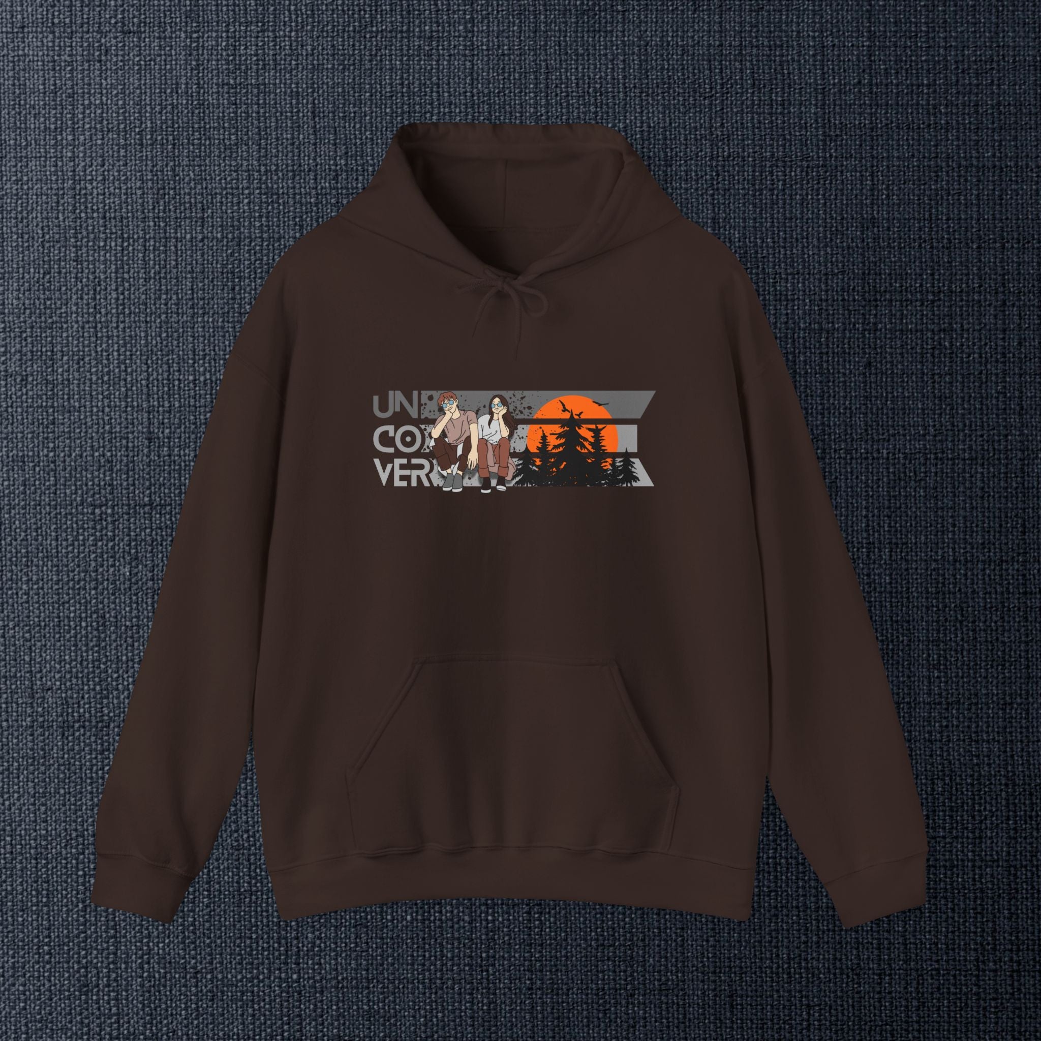 Uncover Camper Hoodie — Retro Mountain Sunset Graphic Hooded Sweatshirt