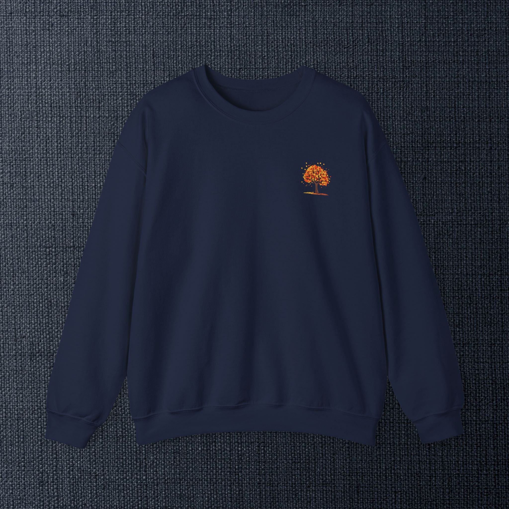 Autumn Orange Tree Crewneck — Cozy Fall Embroidered Graphic Sweatshirt
