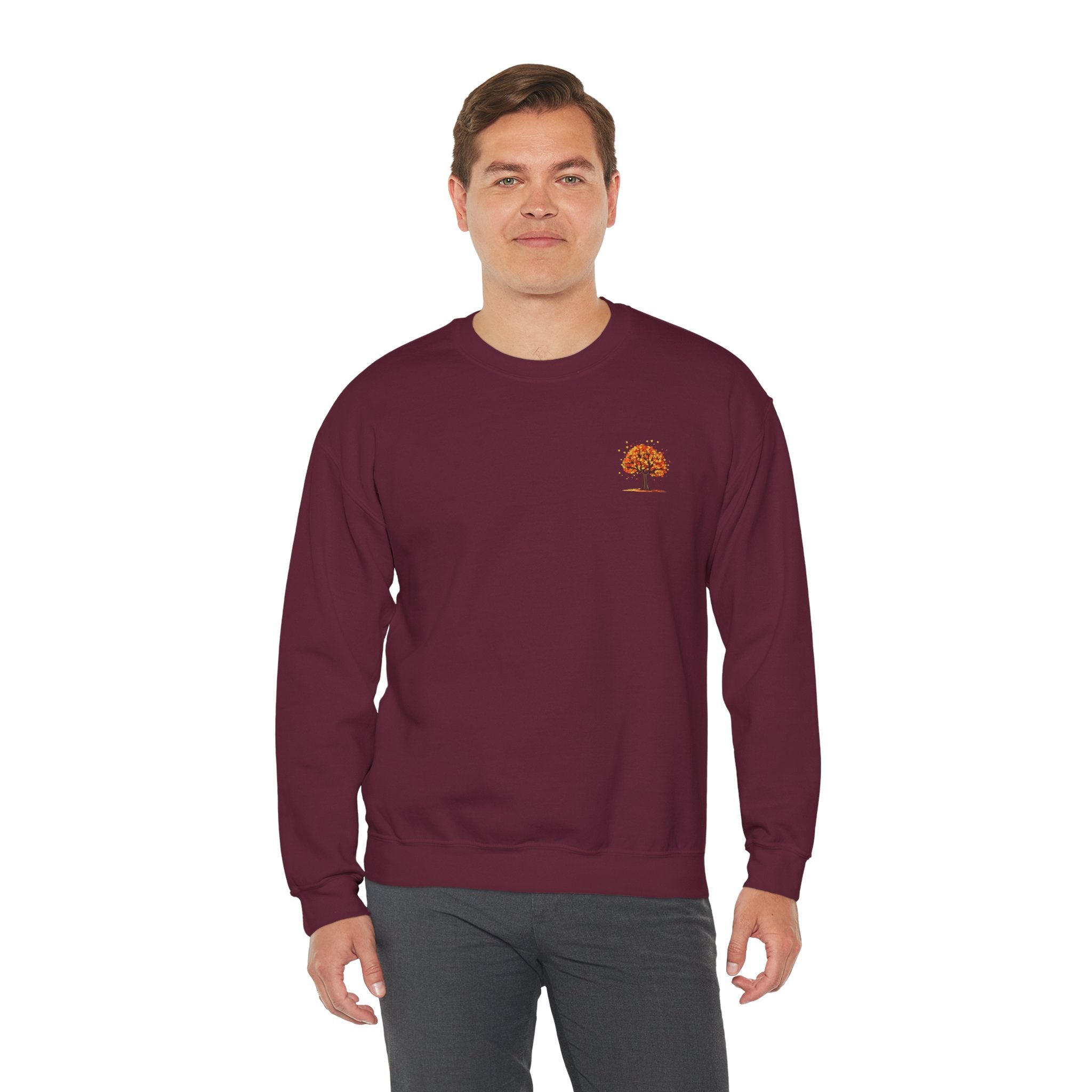 Autumn Orange Tree Crewneck — Cozy Fall Embroidered Graphic Sweatshirt