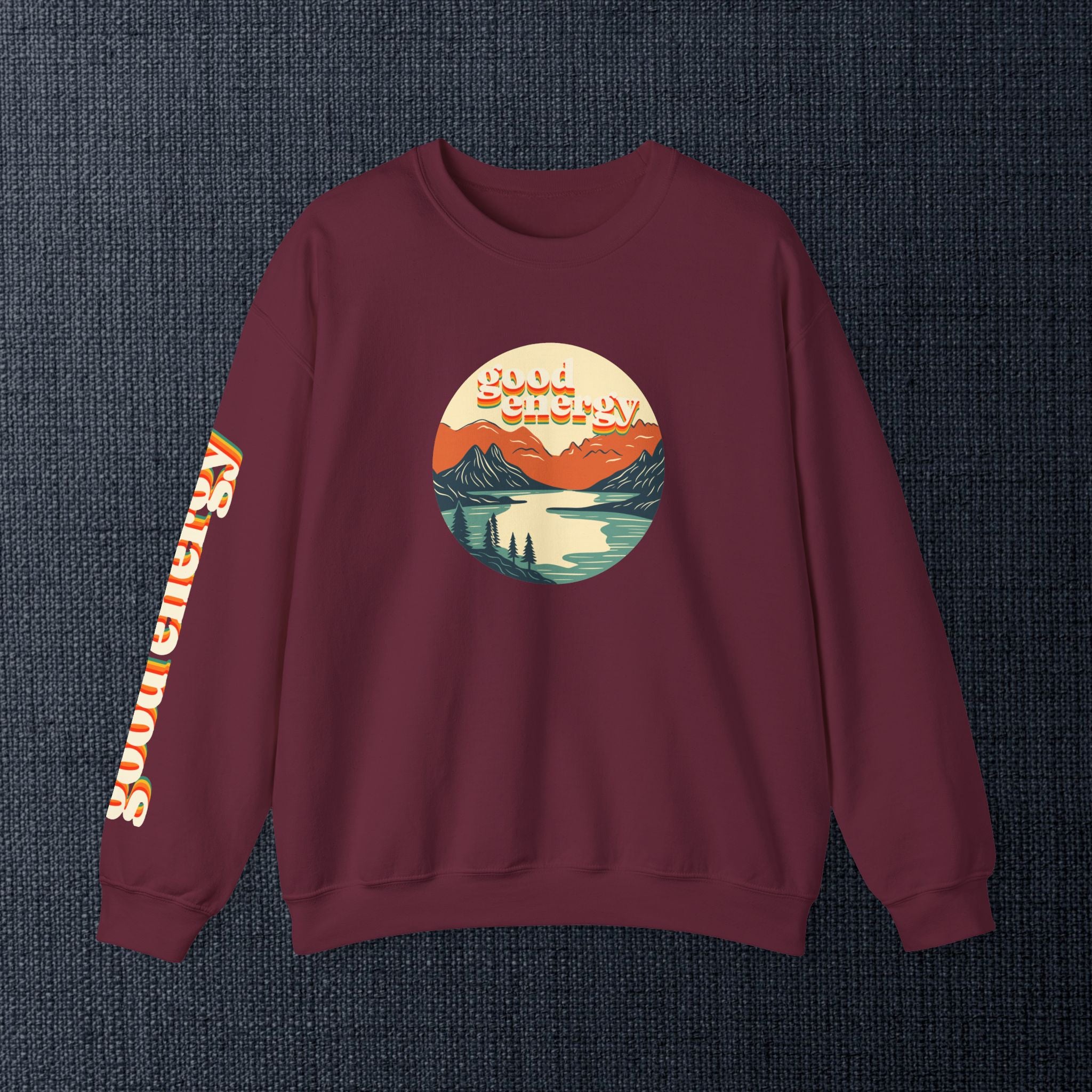 Good Energy Crewneck — Retro Mountain Sunset Graphic Sweatshirt