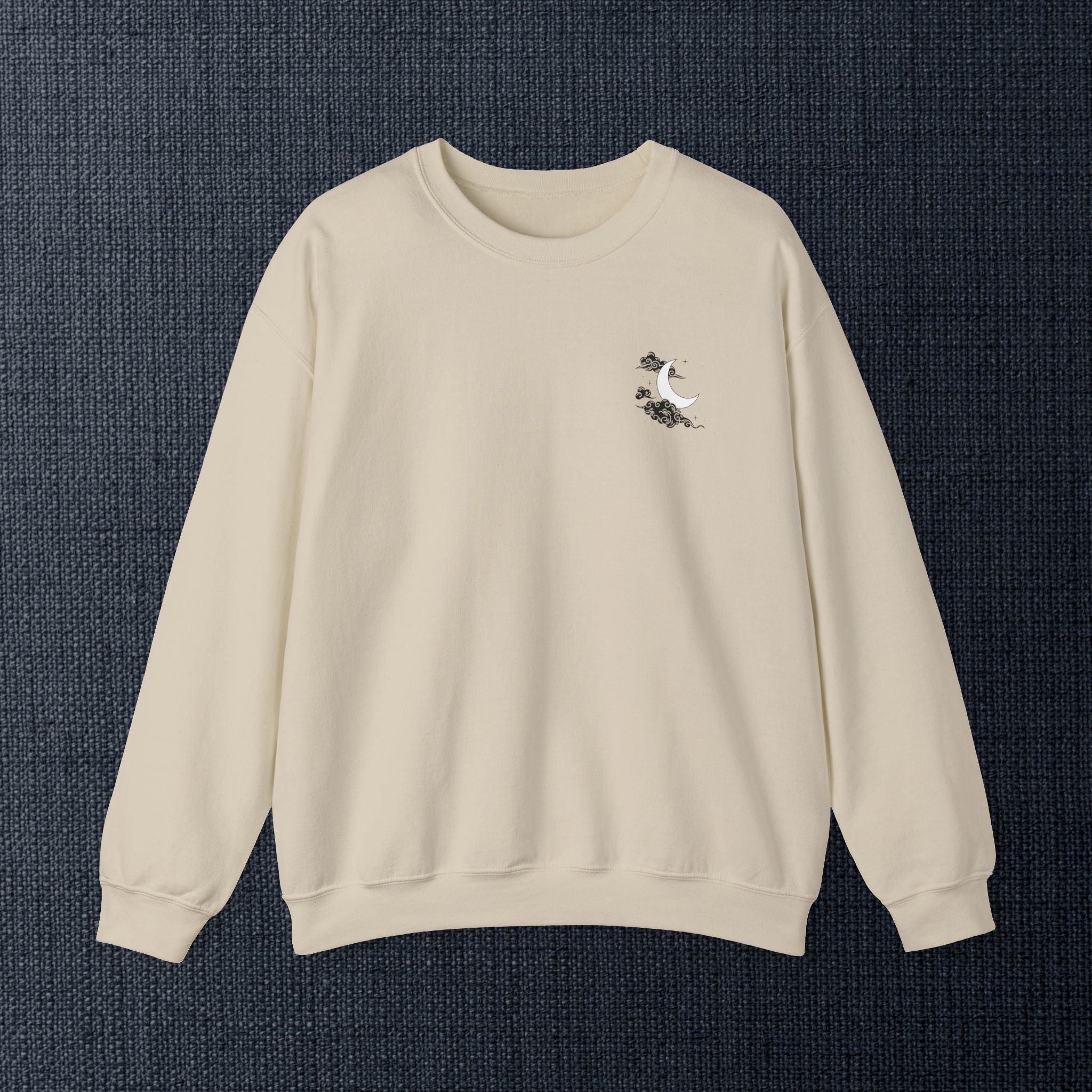 Minimal White Crewneck — Cloud & Moon Minimalist Graphic Sweatshirt