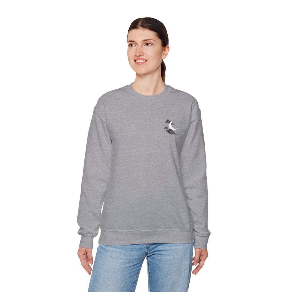 Minimal White Crewneck — Cloud & Moon Minimalist Graphic Sweatshirt