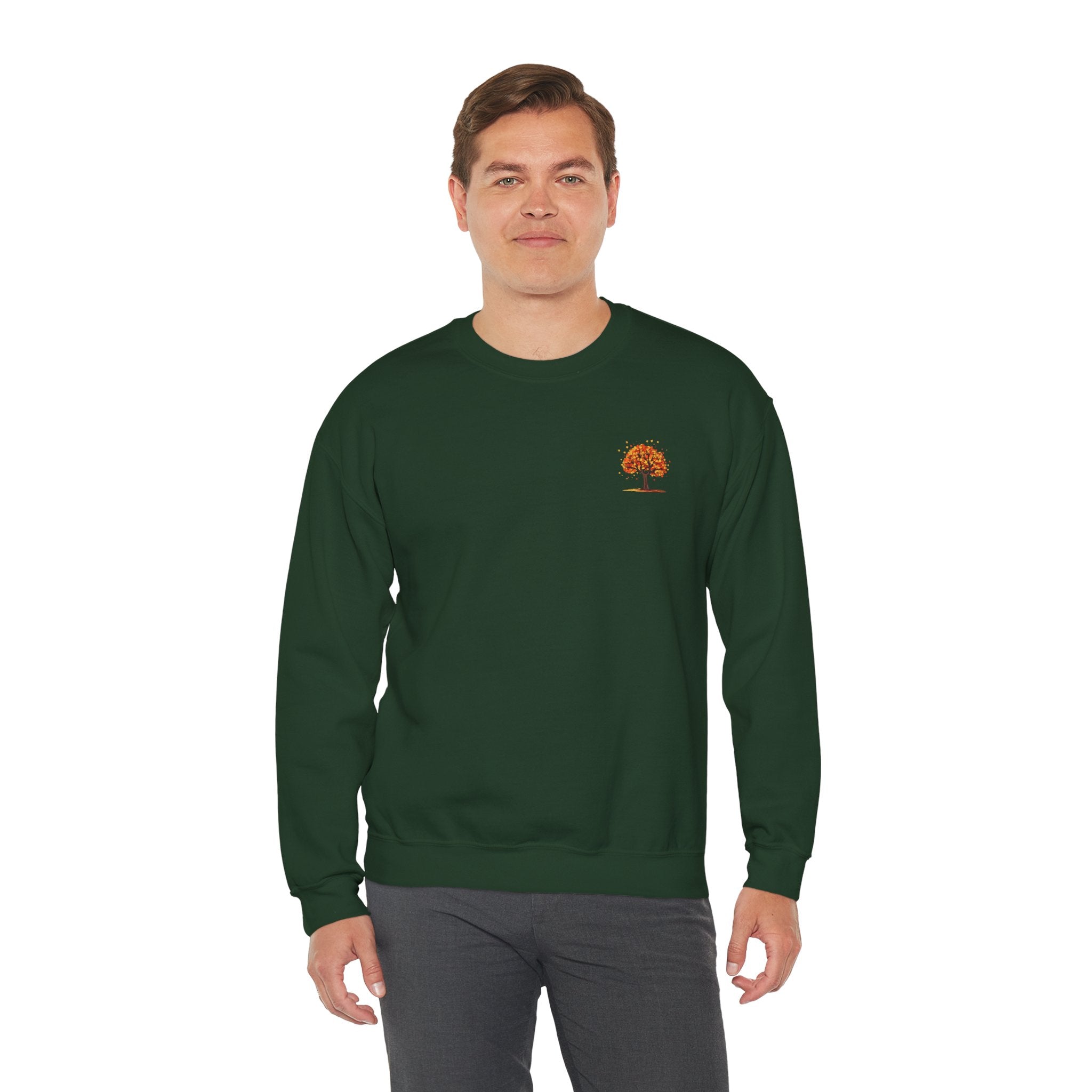 Autumn Orange Tree Crewneck — Cozy Fall Embroidered Graphic Sweatshirt