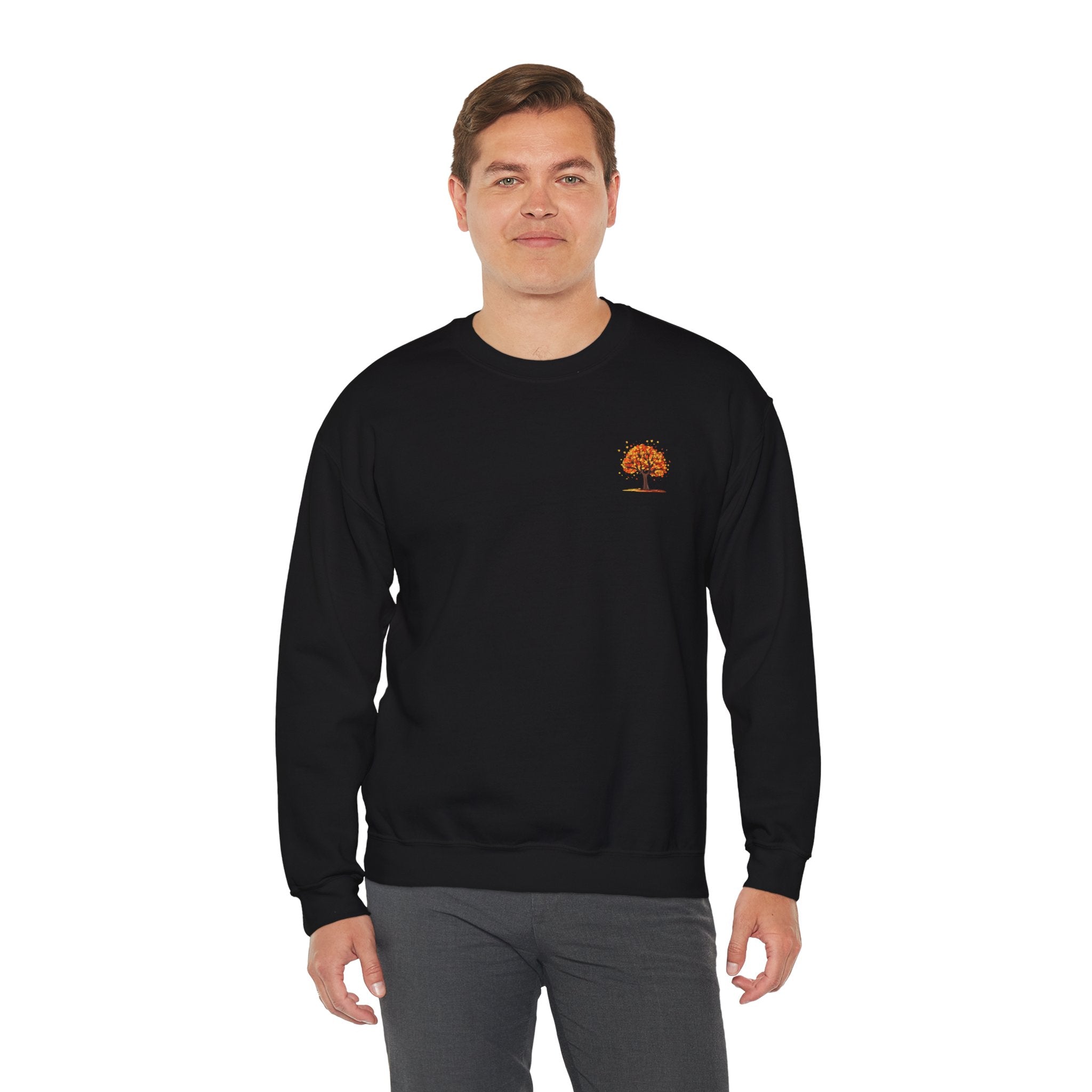 Autumn Orange Tree Crewneck — Cozy Fall Embroidered Graphic Sweatshirt