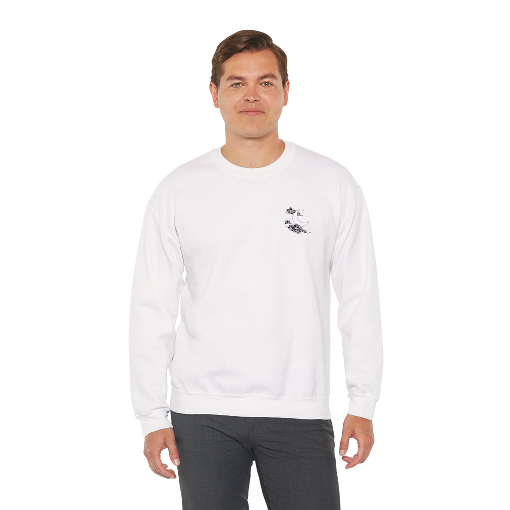 Minimal White Crewneck — Cloud & Moon Minimalist Graphic Sweatshirt
