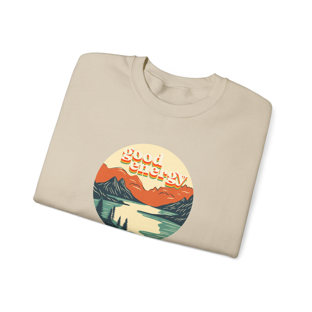 Good Energy Crewneck — Retro Mountain Sunset Graphic Sweatshirt