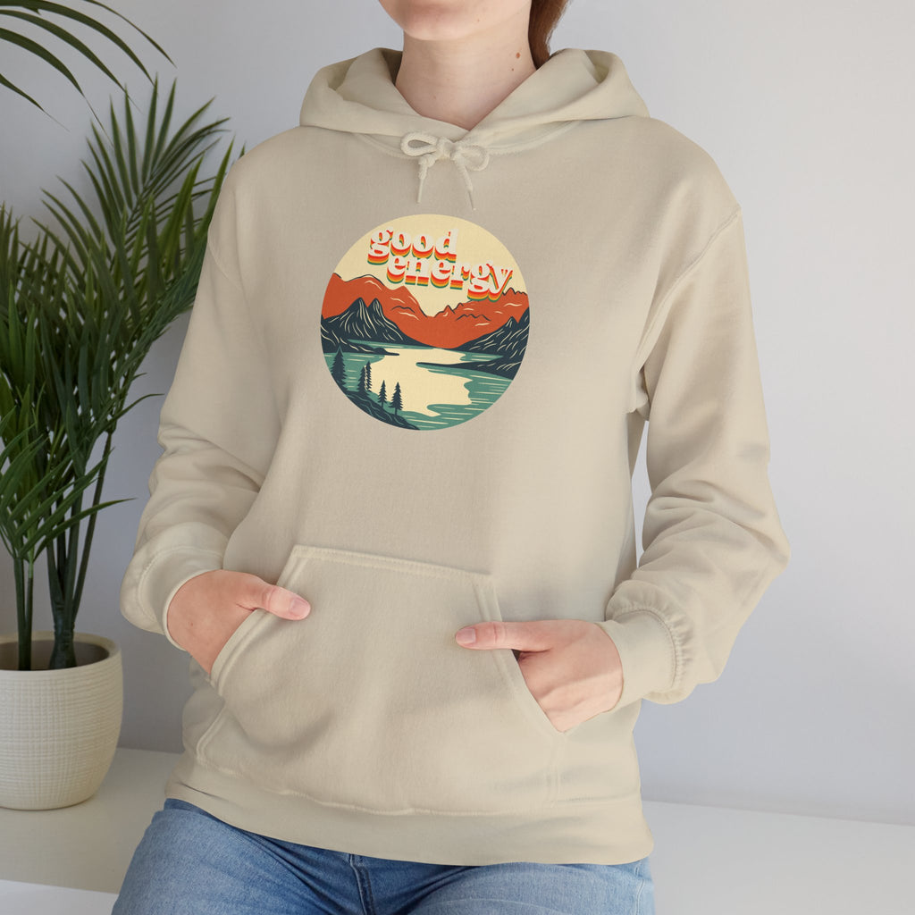 Good Energy Hoodie — Retro Mountain Sunset Graphic Hooded Sweatshirt