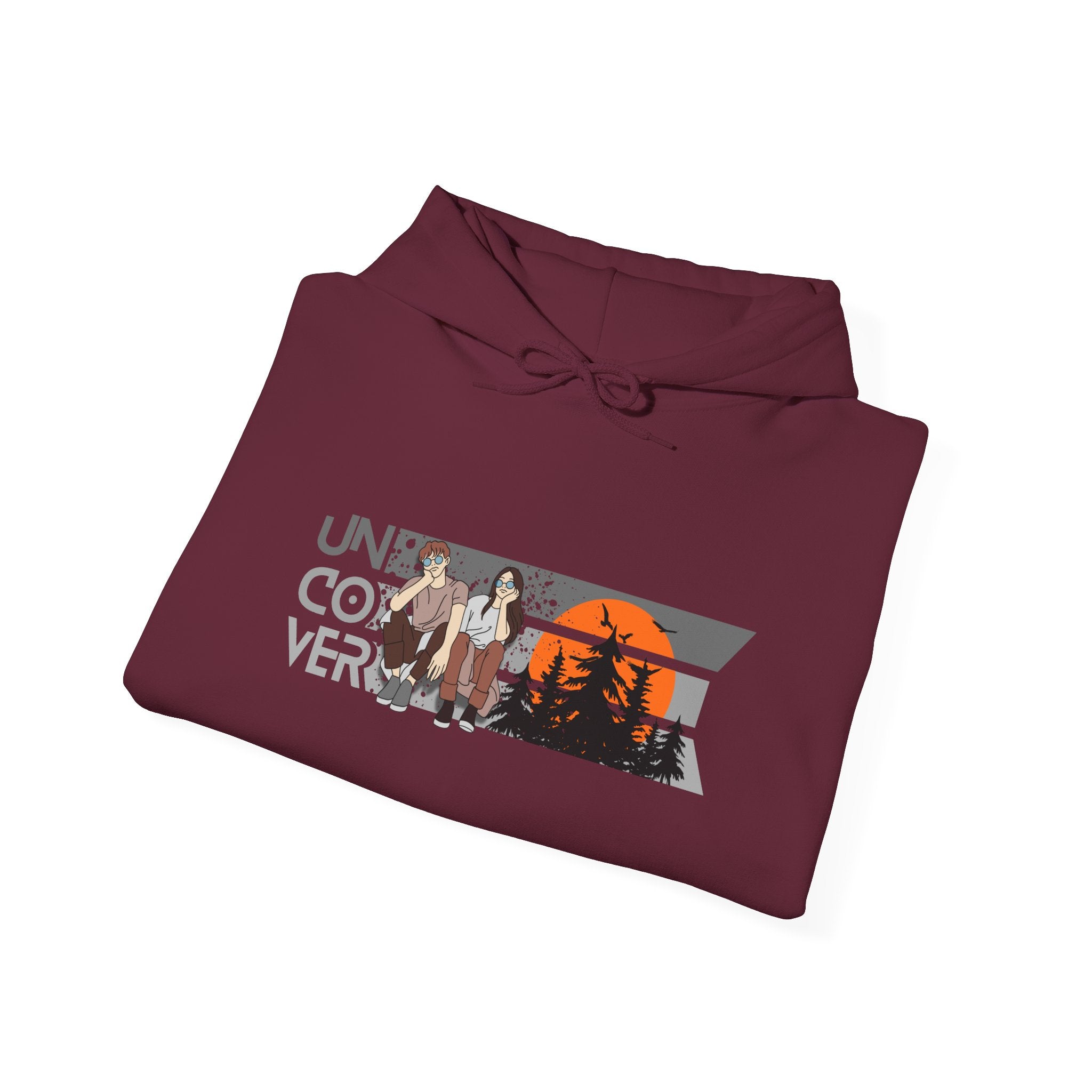 Uncover Camper Hoodie — Retro Mountain Sunset Graphic Hooded Sweatshirt