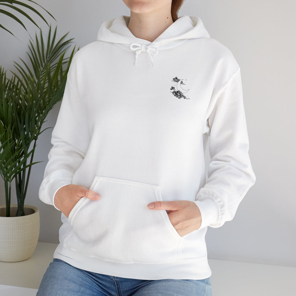 Minimal White Hoodie — Cloud & Moon Minimalist Graphic Hoodie