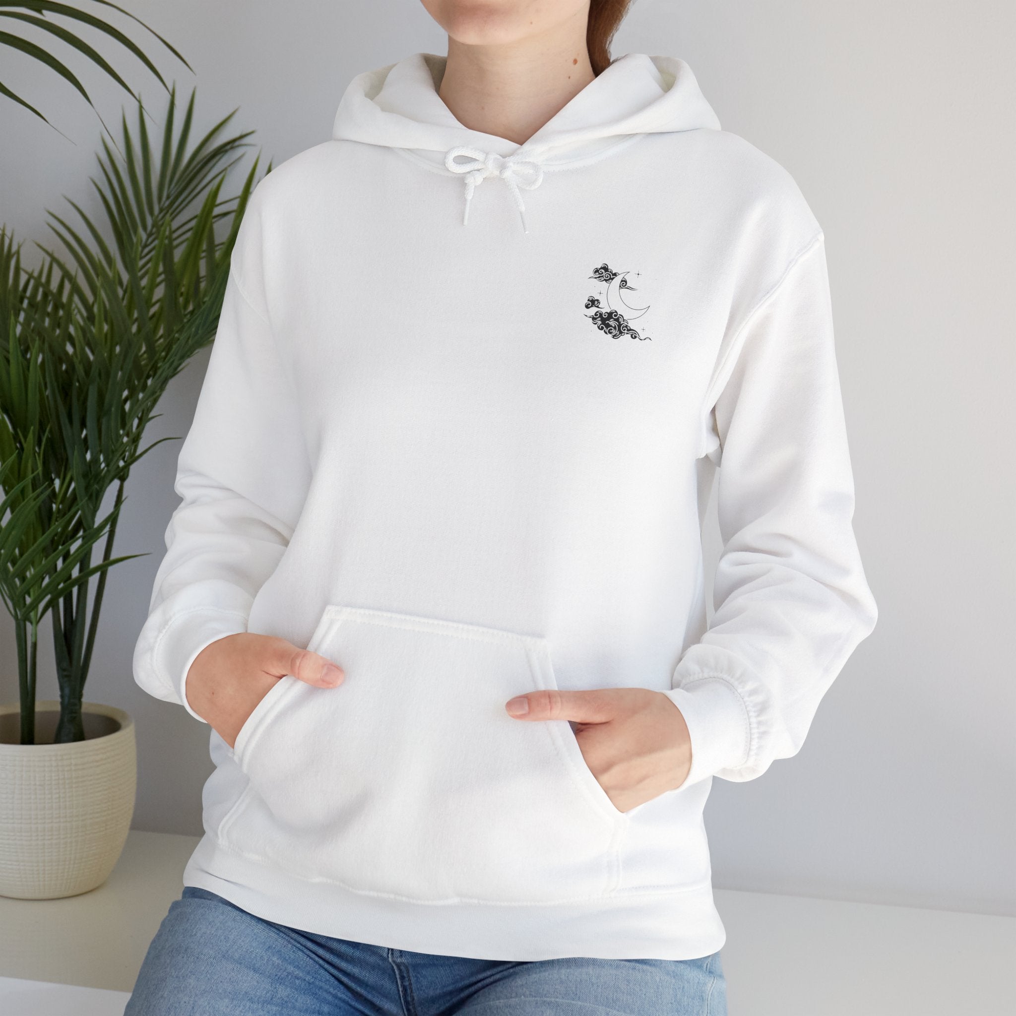 Minimal White Hoodie — Cloud & Moon Minimalist Graphic Hoodie