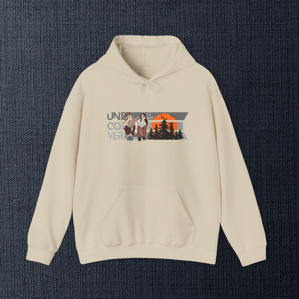 Uncover Camper Hoodie — Retro Mountain Sunset Graphic Hooded Sweatshirt