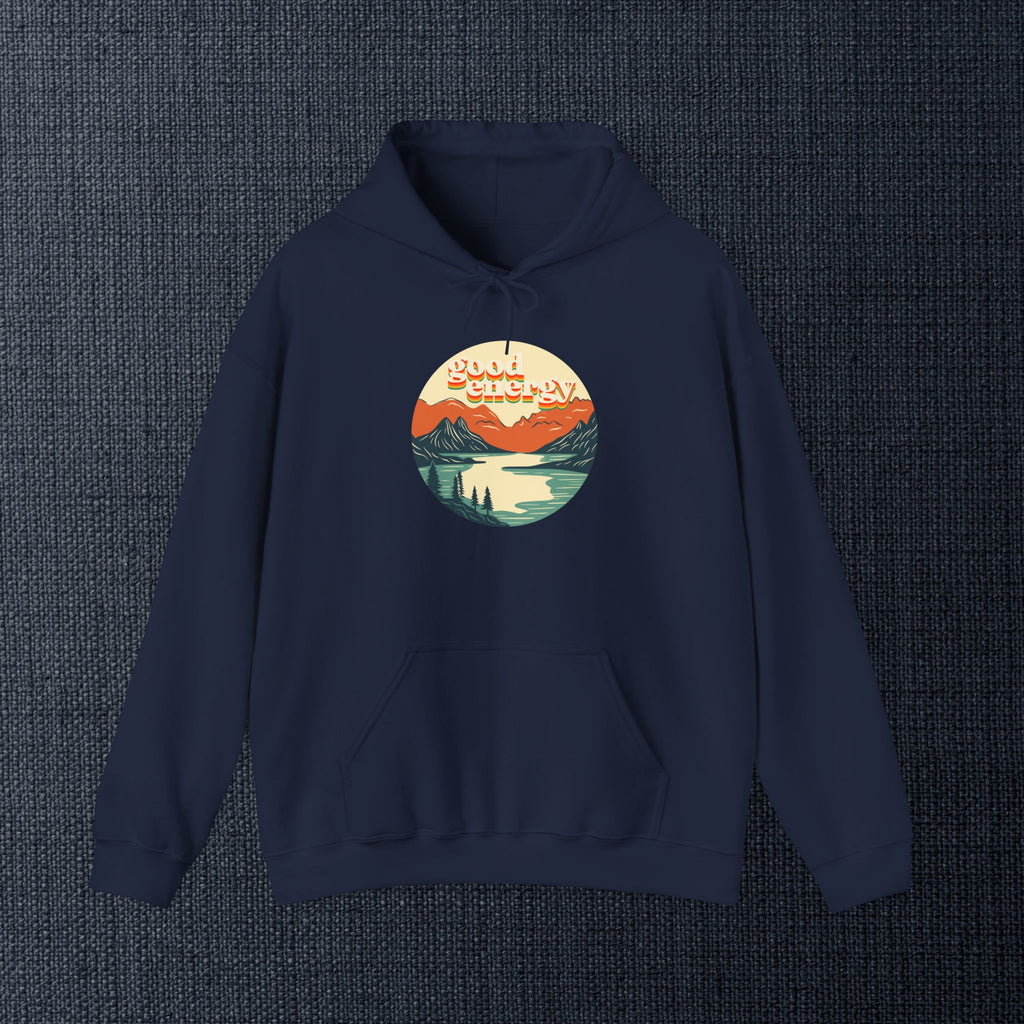 Good Energy Hoodie — Retro Mountain Sunset Graphic Hooded Sweatshirt