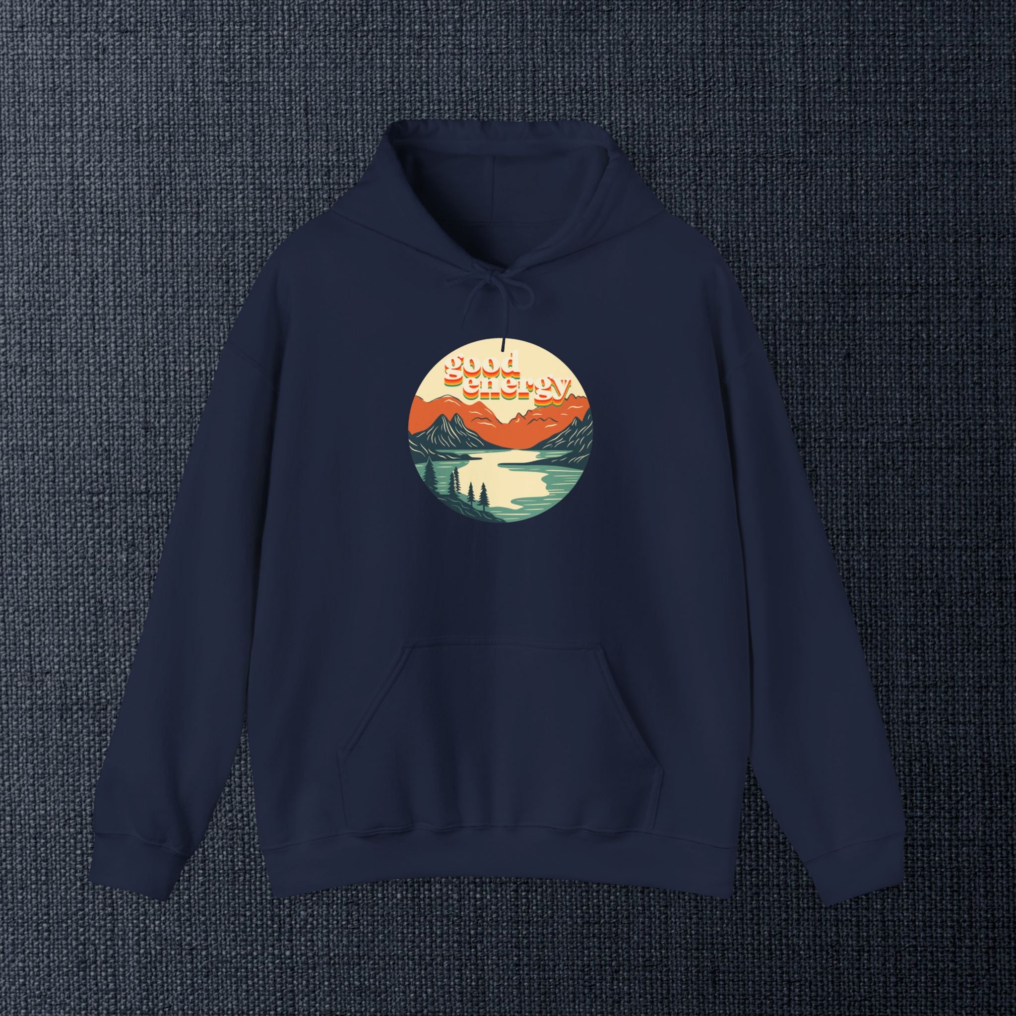 Good Energy Hoodie — Retro Mountain Sunset Graphic Hooded Sweatshirt