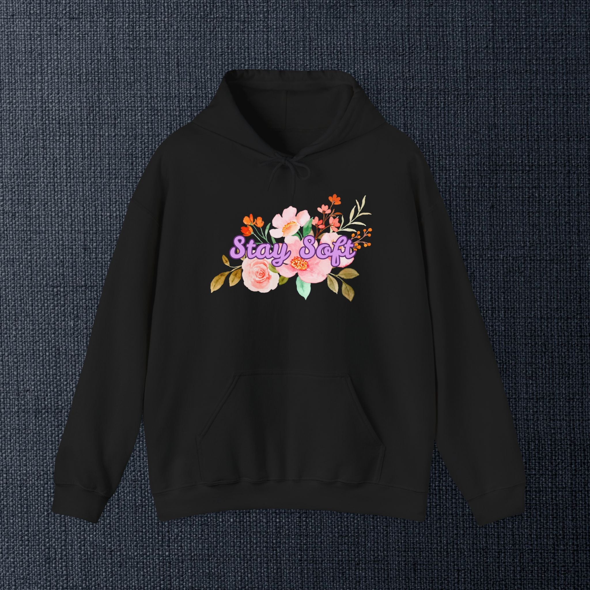 Stay Soft Floral Hoodie — Pastel Botanical Graphic Hooded Sweatshirt with Hand-Lettered Quote