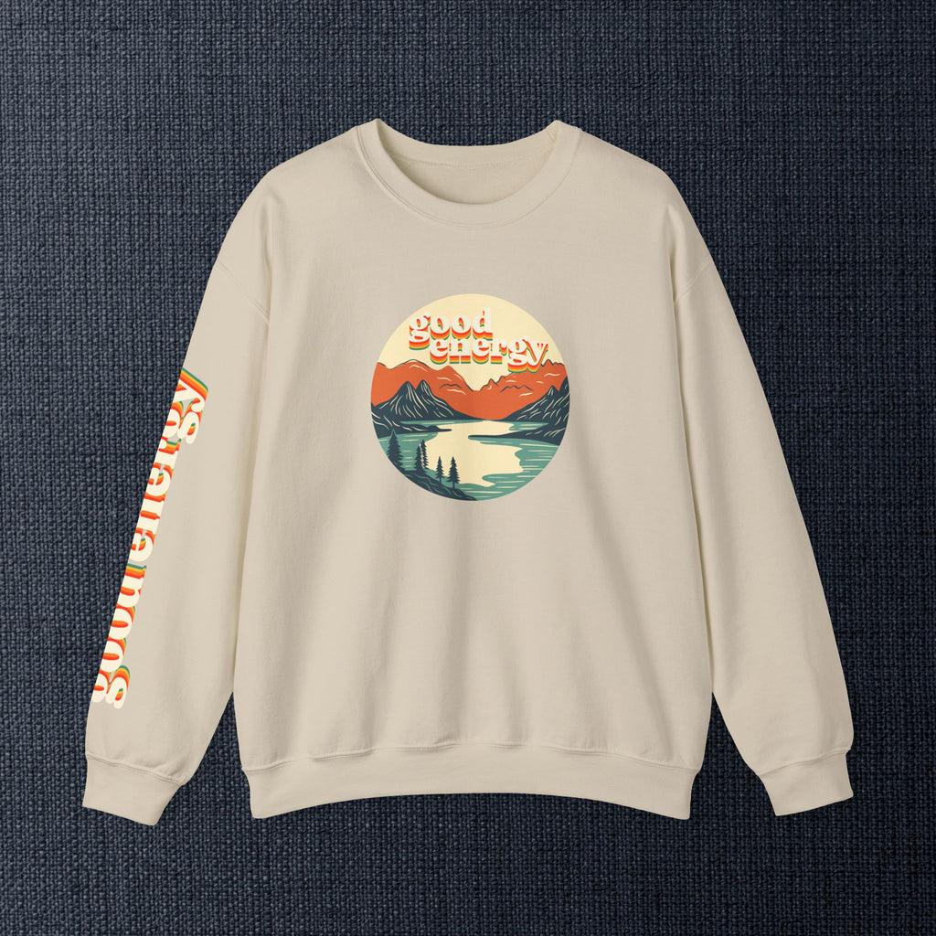 Good Energy Crewneck — Retro Mountain Sunset Graphic Sweatshirt