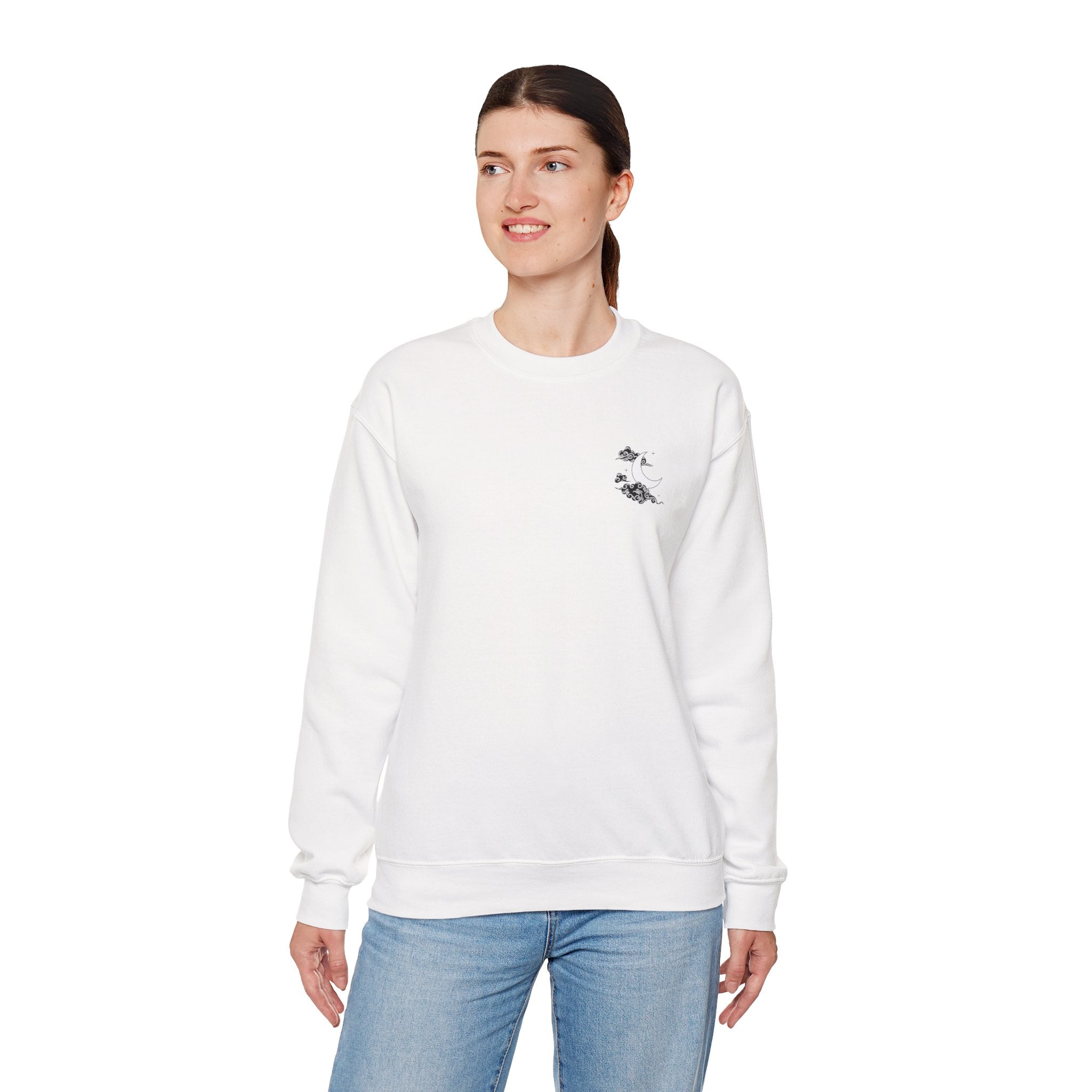 Minimal White Crewneck — Cloud & Moon Minimalist Graphic Sweatshirt