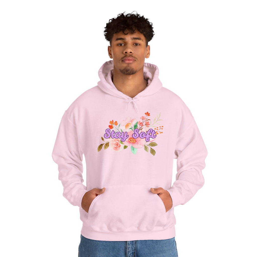 Stay Soft Floral Hoodie — Pastel Botanical Graphic Hooded Sweatshirt with Hand-Lettered Quote