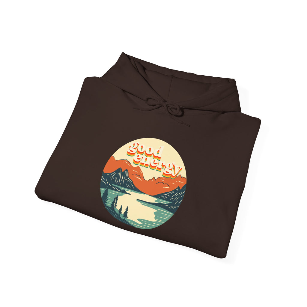 Good Energy Hoodie — Retro Mountain Sunset Graphic Hooded Sweatshirt