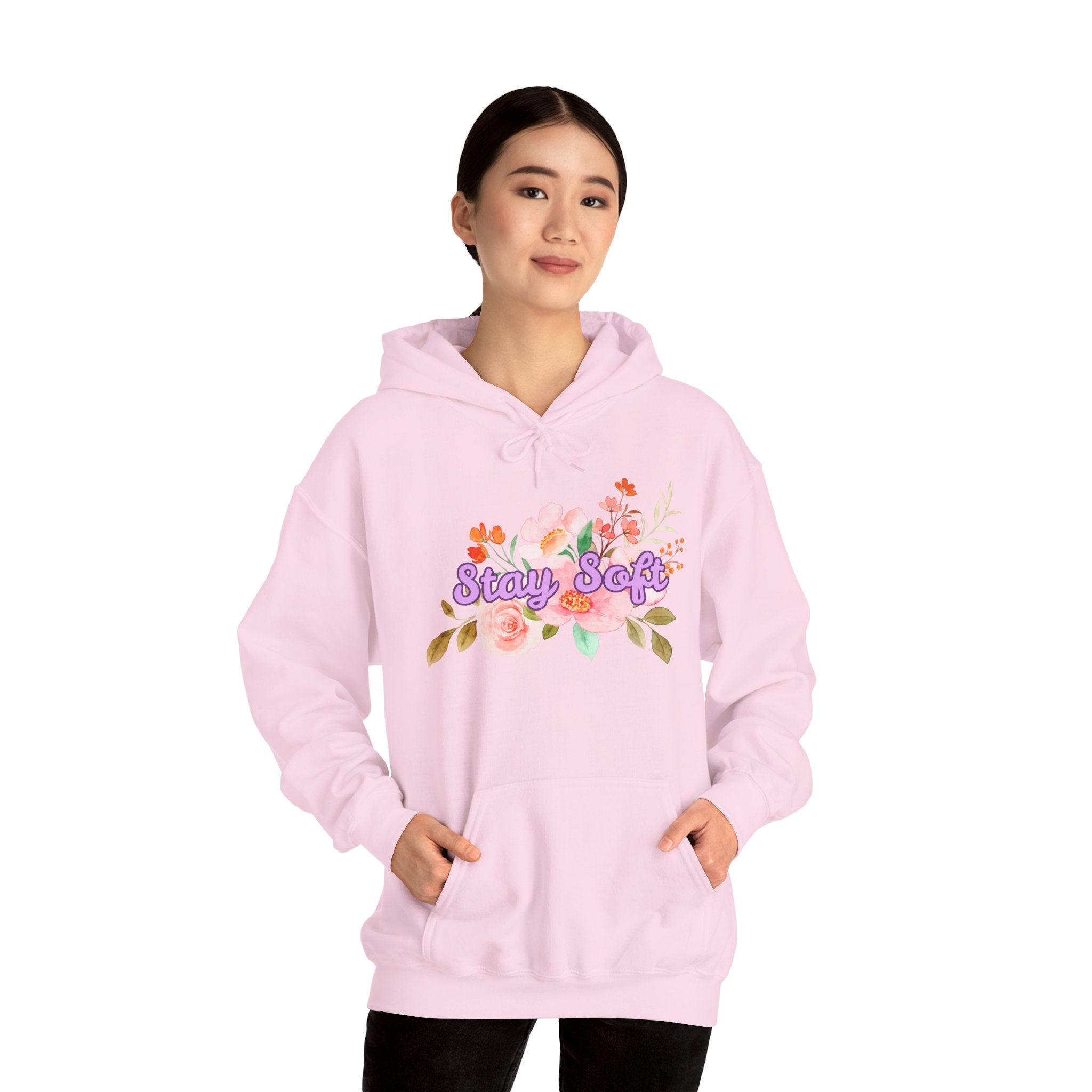 Stay Soft Floral Hoodie — Pastel Botanical Graphic Hooded Sweatshirt with Hand-Lettered Quote