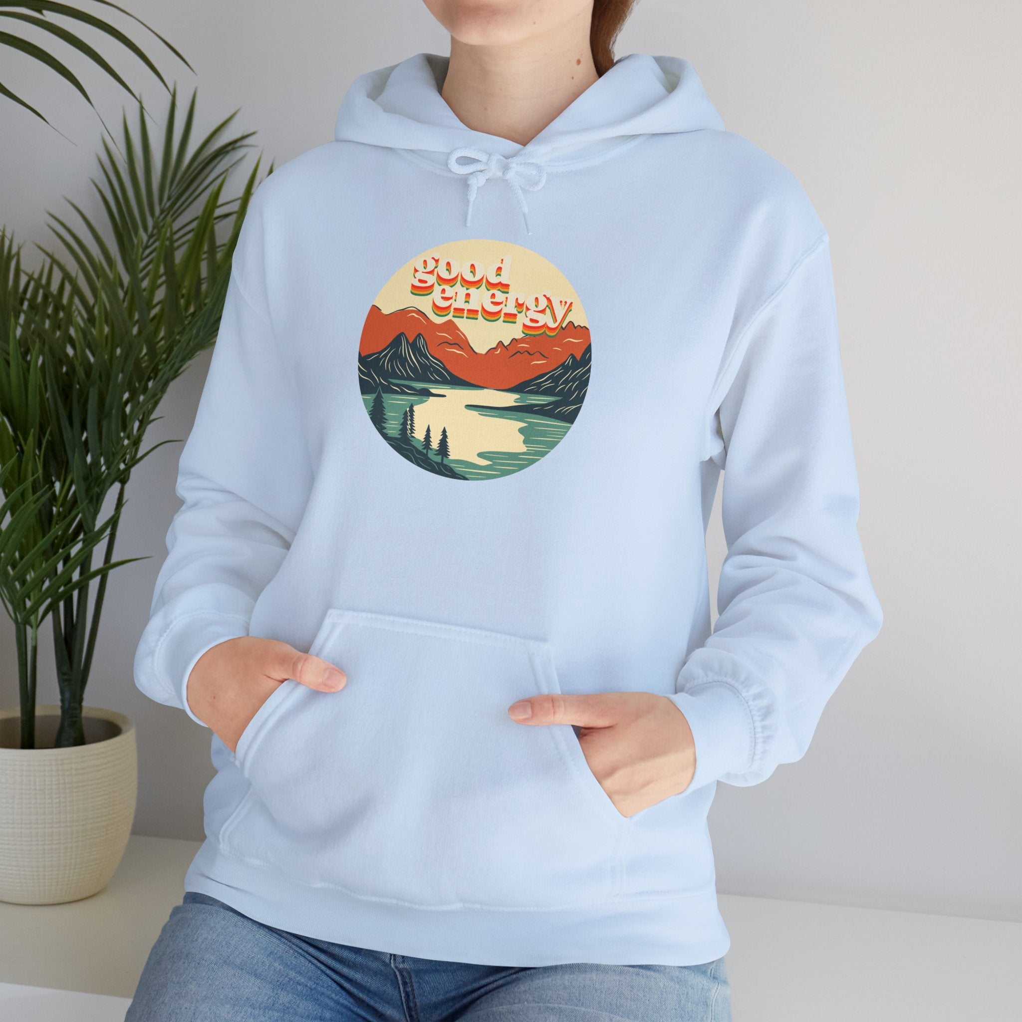 Good Energy Hoodie — Retro Mountain Sunset Graphic Hooded Sweatshirt