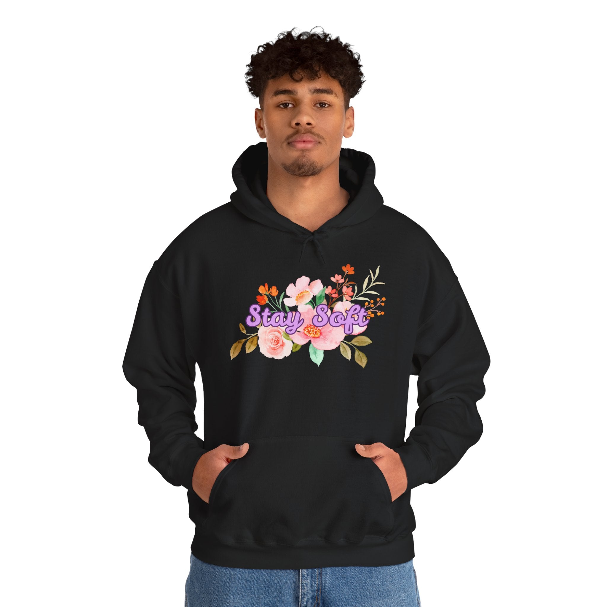 Stay Soft Floral Hoodie — Pastel Botanical Graphic Hooded Sweatshirt with Hand-Lettered Quote