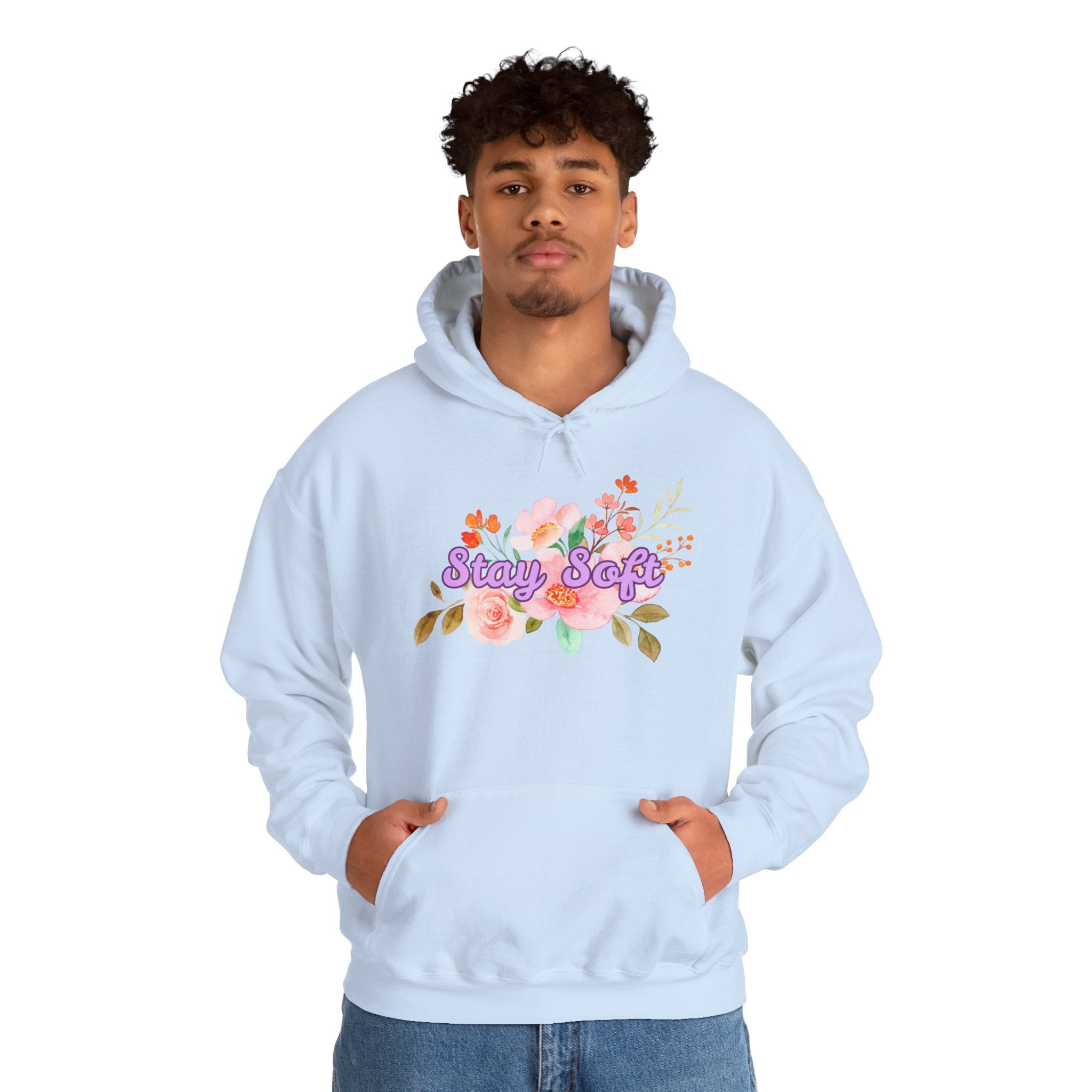 Stay Soft Floral Hoodie — Pastel Botanical Graphic Hooded Sweatshirt with Hand-Lettered Quote