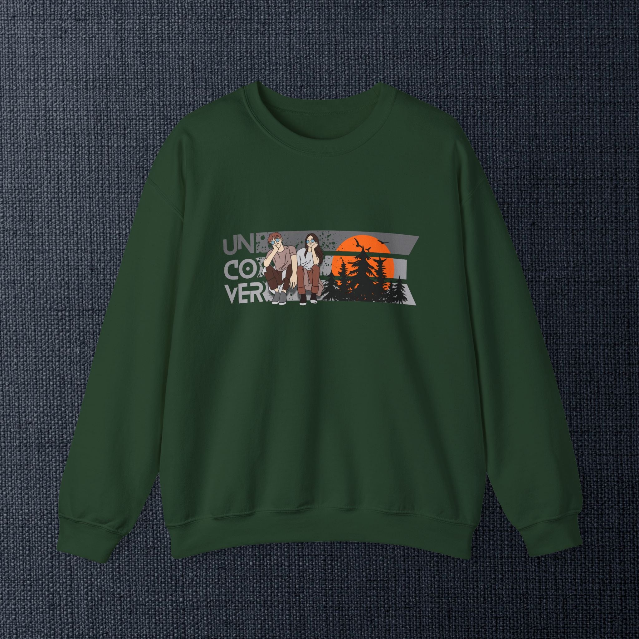 Retro Sunset Crewneck — “Uncover Conversations” Forest Silhouette Graphic Sweatshirt