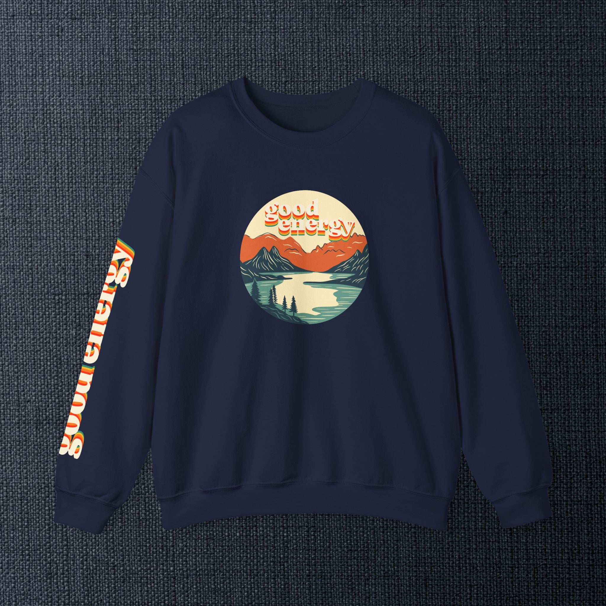 Good Energy Crewneck — Retro Mountain Sunset Graphic Sweatshirt