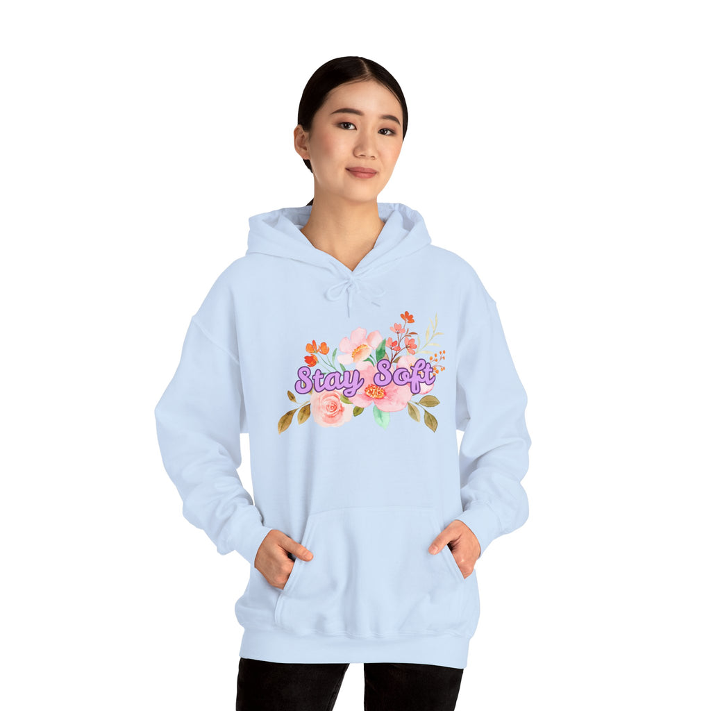 Stay Soft Floral Hoodie — Pastel Botanical Graphic Hooded Sweatshirt with Hand-Lettered Quote