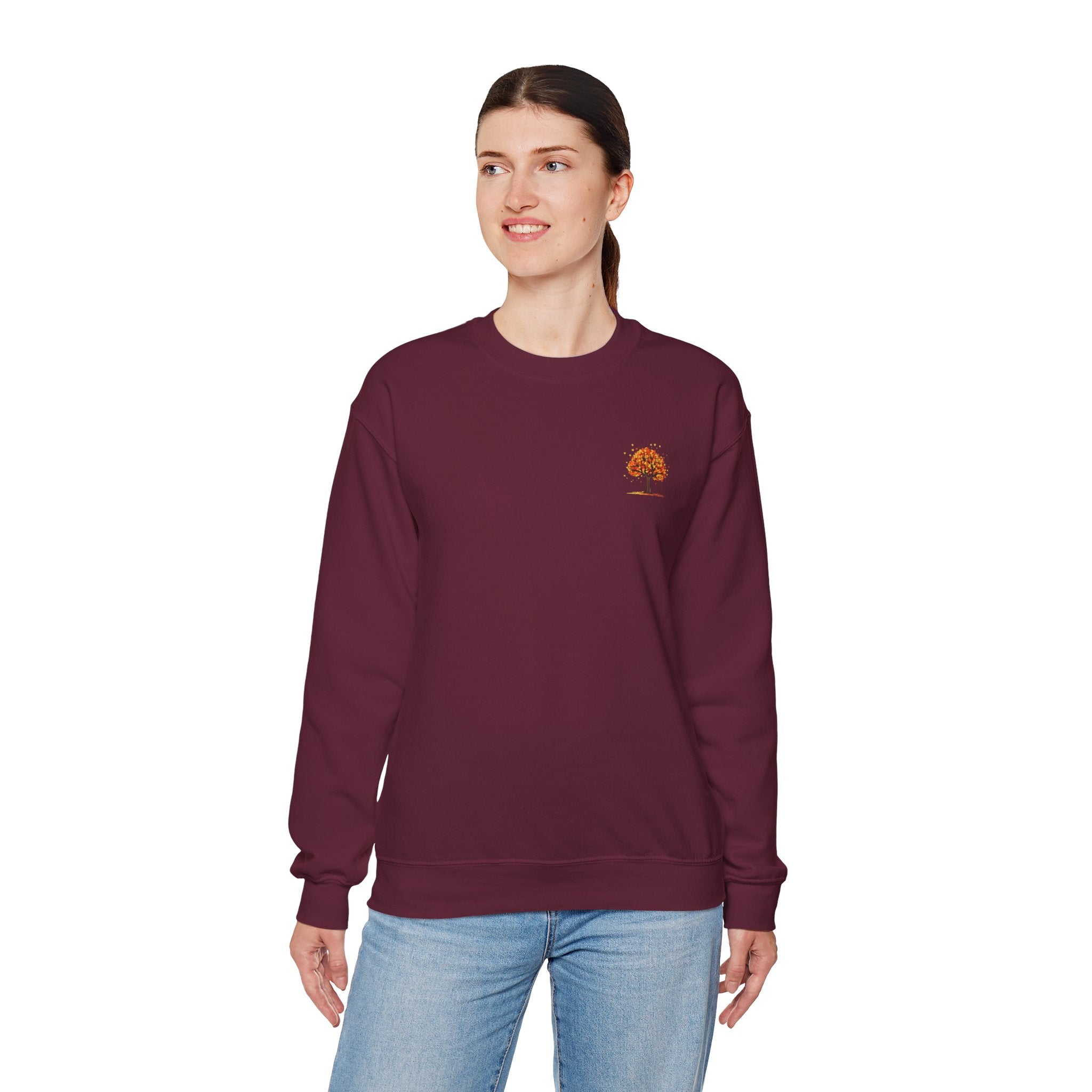 Autumn Orange Tree Crewneck — Cozy Fall Embroidered Graphic Sweatshirt