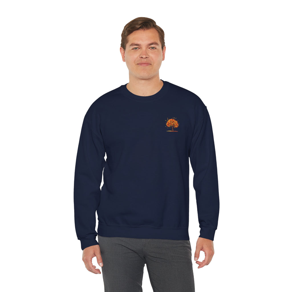 Autumn Orange Tree Crewneck — Cozy Fall Embroidered Graphic Sweatshirt