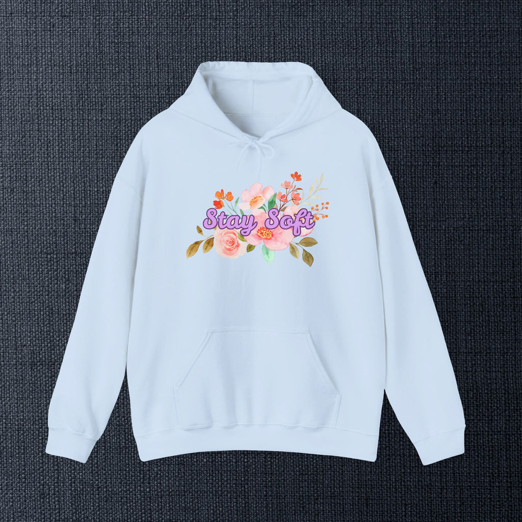 Stay Soft Floral Hoodie — Pastel Botanical Graphic Hooded Sweatshirt with Hand-Lettered Quote