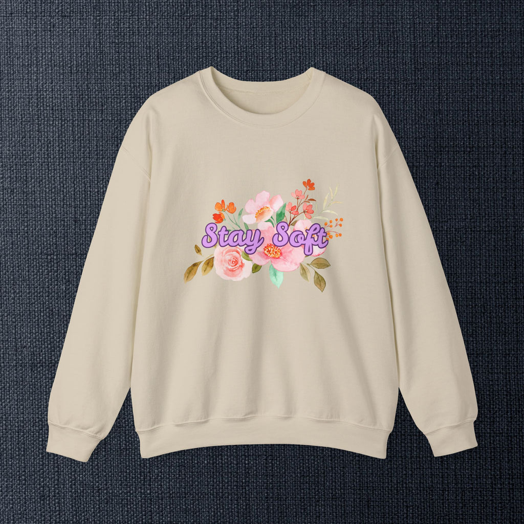 Stay Soft Floral Crewneck — Pastel Botanical Graphic Sweatshirt with Hand-Lettered Quote