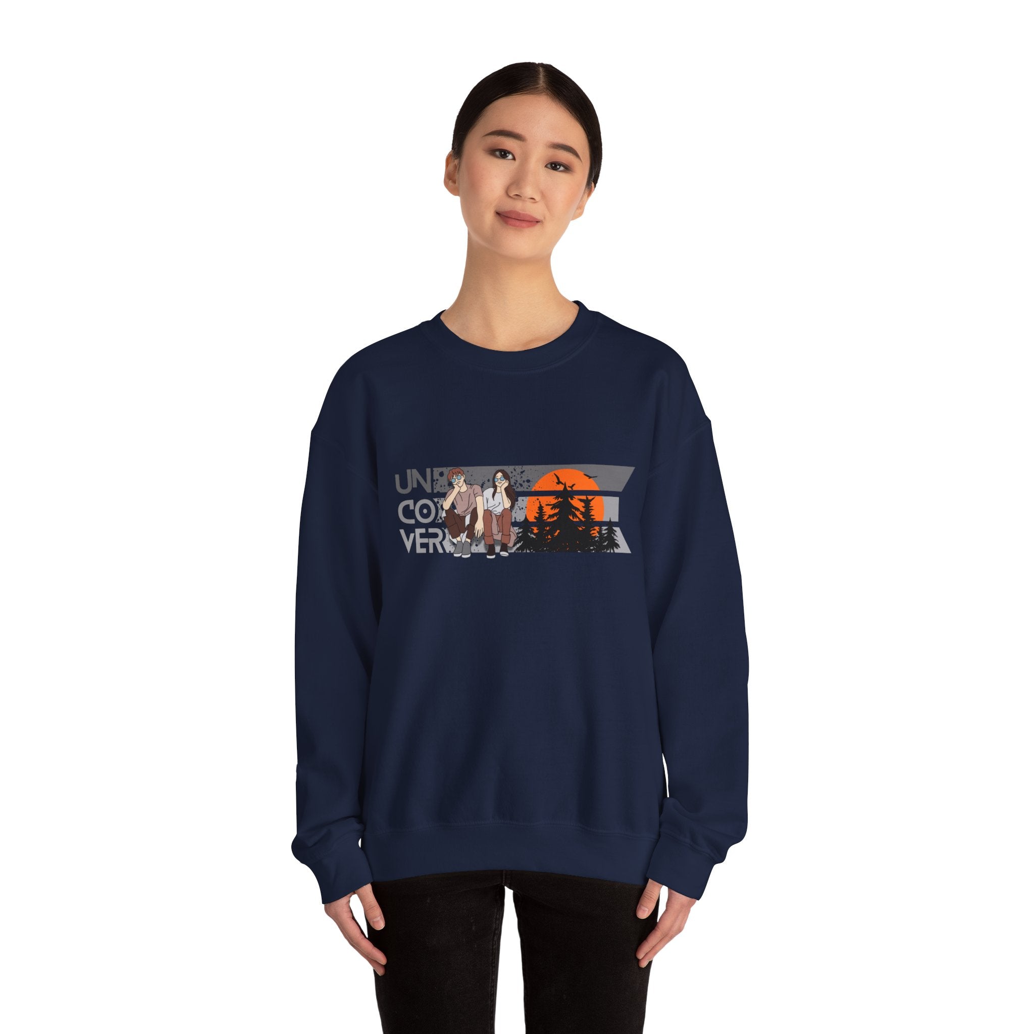Retro Sunset Crewneck — “Uncover Conversations” Forest Silhouette Graphic Sweatshirt