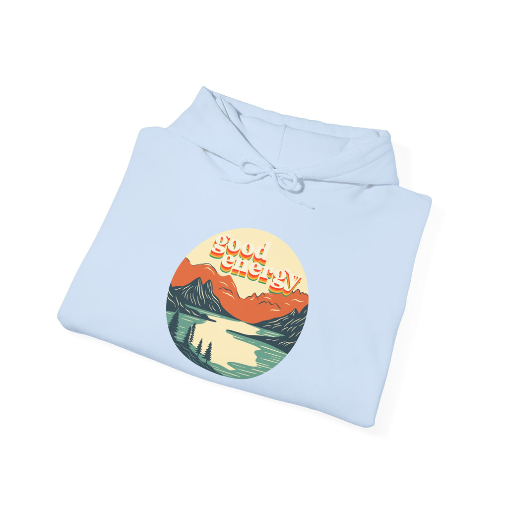 Good Energy Hoodie — Retro Mountain Sunset Graphic Hooded Sweatshirt