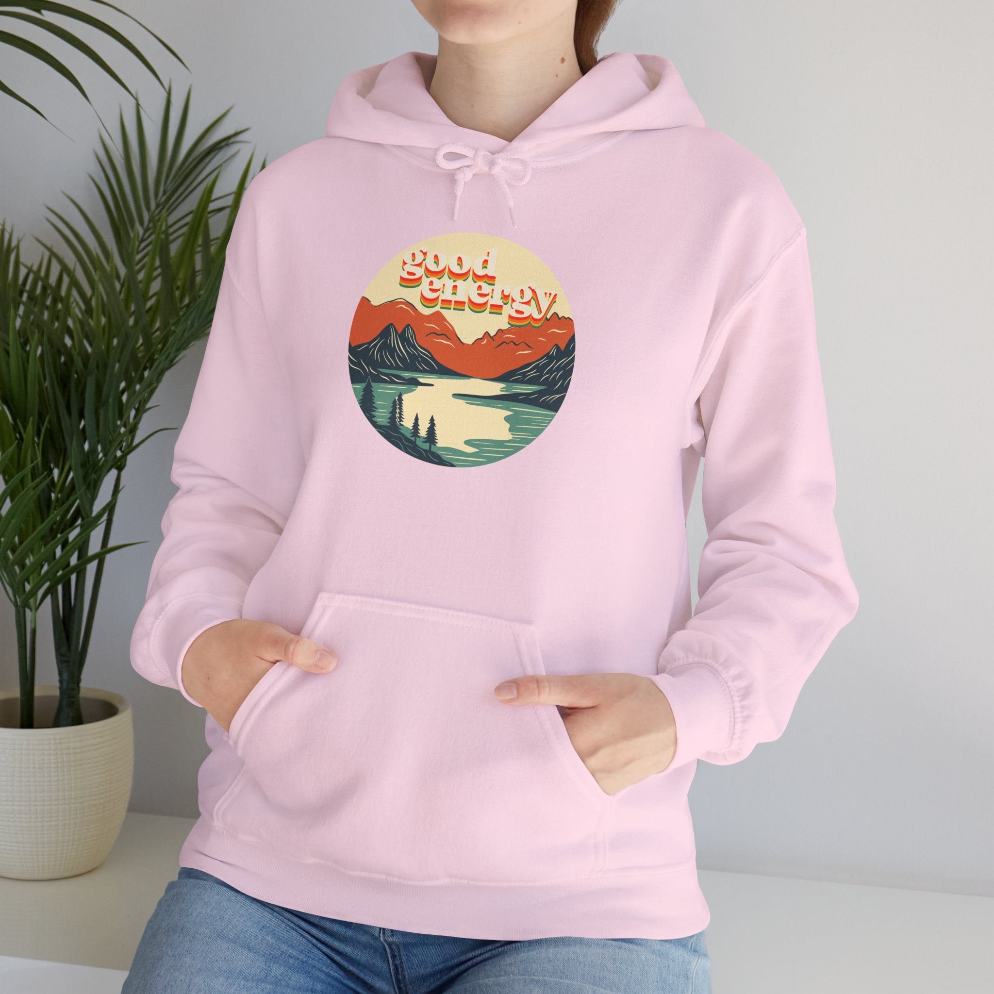 Good Energy Hoodie — Retro Mountain Sunset Graphic Hooded Sweatshirt