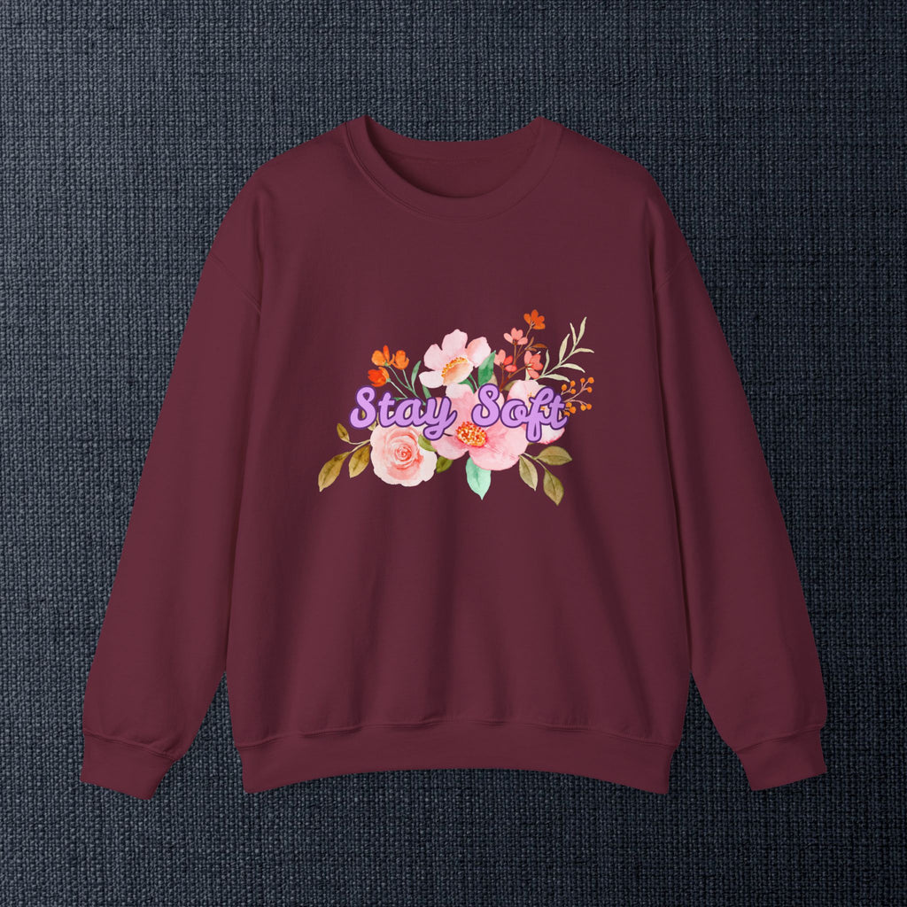 Stay Soft Floral Crewneck — Pastel Botanical Graphic Sweatshirt with Hand-Lettered Quote