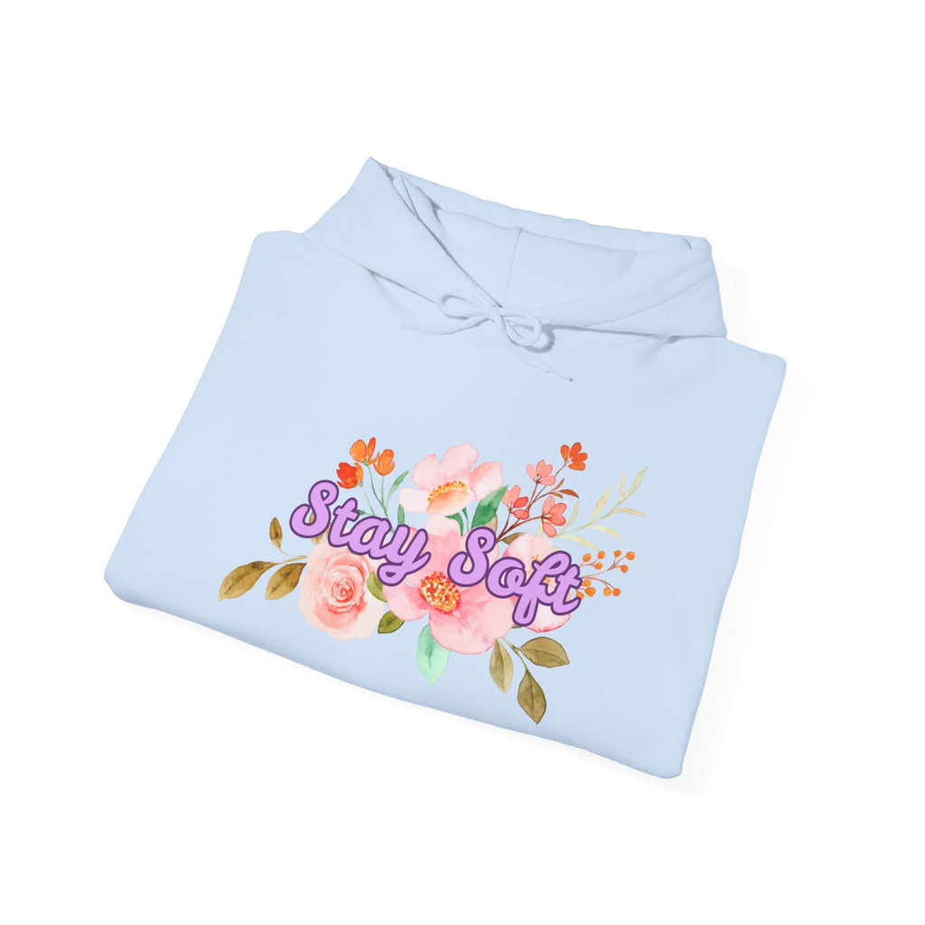 Stay Soft Floral Hoodie — Pastel Botanical Graphic Hooded Sweatshirt with Hand-Lettered Quote