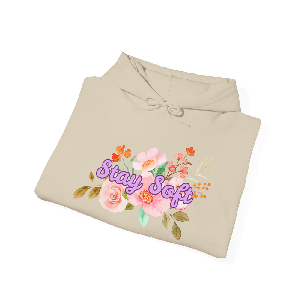 Stay Soft Floral Hoodie — Pastel Botanical Graphic Hooded Sweatshirt with Hand-Lettered Quote